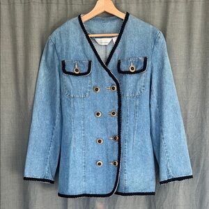 Vintage Women's Blue Denim Jacket with Black Trim and Shoulder Pads